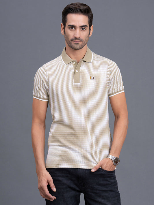 Men's Light Brown Regular Fit Self Design Half Sleeve Casual T-Shirt