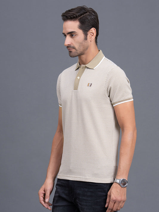 Men's Light Brown Regular Fit Self Design Half Sleeve Casual T-Shirt