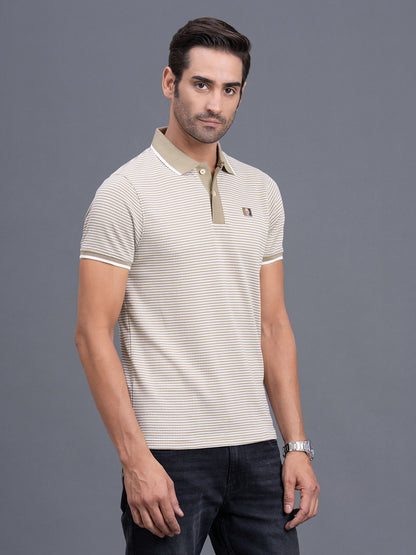 Men's Light Brown Regular Fit Self Design Half Sleeve Casual T-Shirt