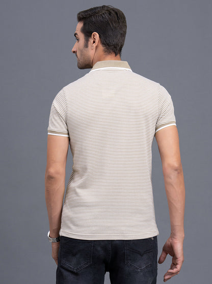 Men's Light Brown Regular Fit Self Design Half Sleeve Casual T-Shirt