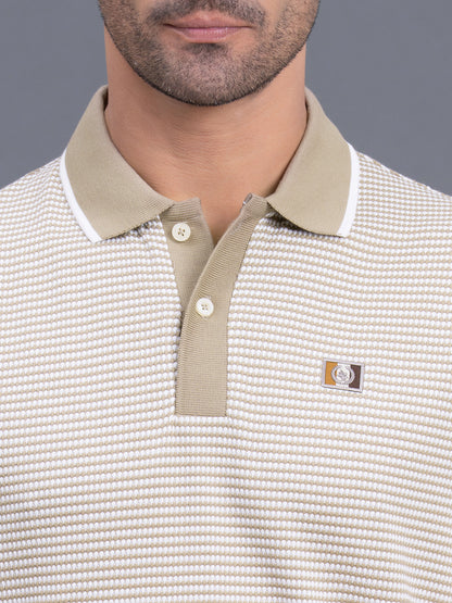 Men's Light Brown Regular Fit Self Design Half Sleeve Casual T-Shirt