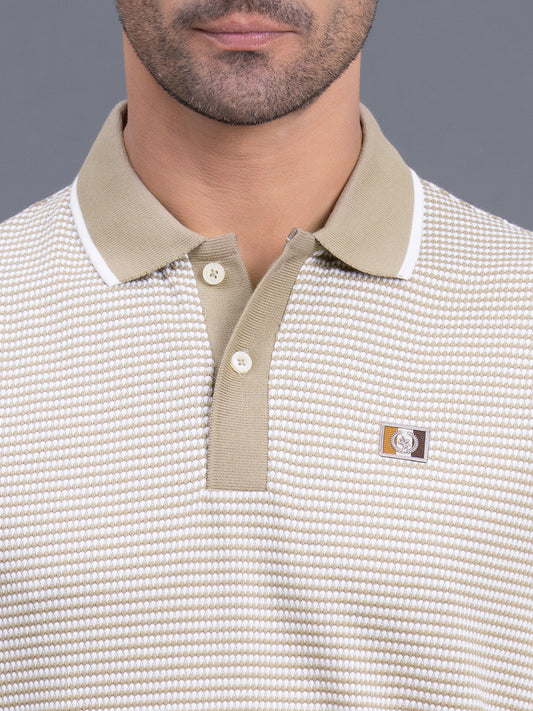 Men's Light Brown Regular Fit Self Design Half Sleeve Casual T-Shirt