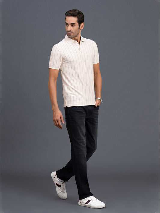 Men's Beige Regular Fit Striped Half Sleeve Casual T-Shirt