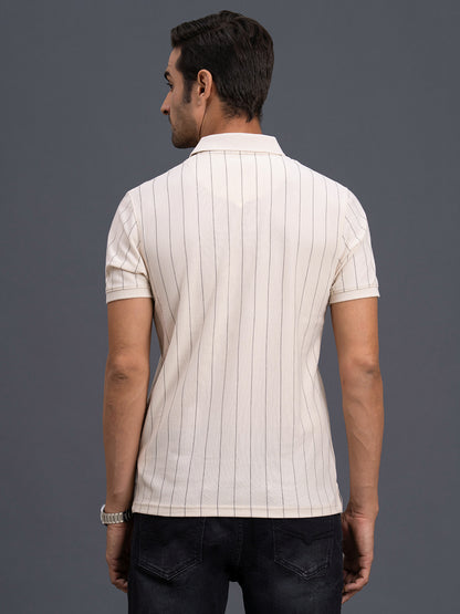 Men's Beige Regular Fit Striped Half Sleeve Casual T-Shirt