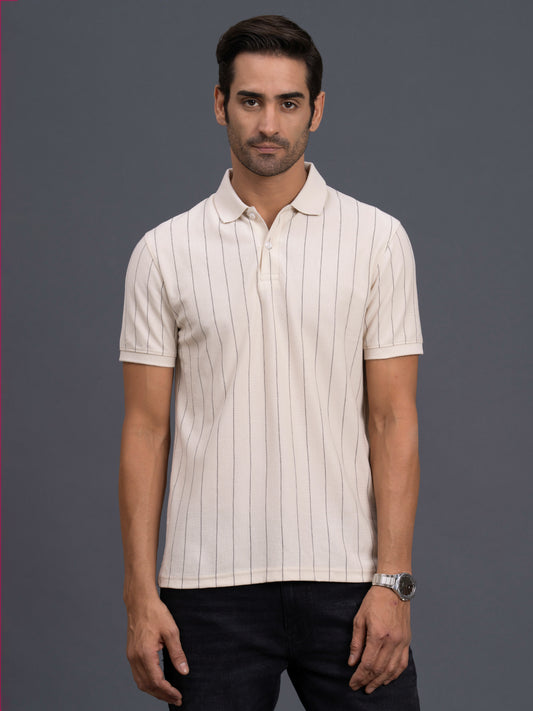 Men's Beige Regular Fit Striped Half Sleeve Casual T-Shirt