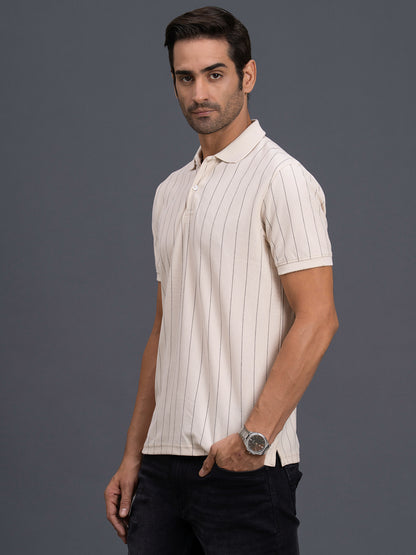 Men's Beige Regular Fit Striped Half Sleeve Casual T-Shirt
