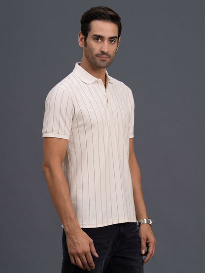 Men's Beige Regular Fit Striped Half Sleeve Casual T-Shirt