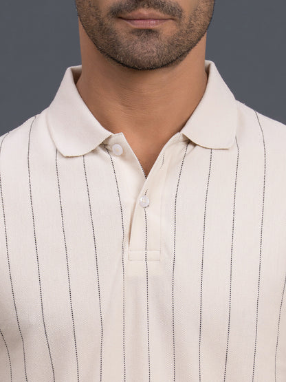 Men's Beige Regular Fit Striped Half Sleeve Casual T-Shirt