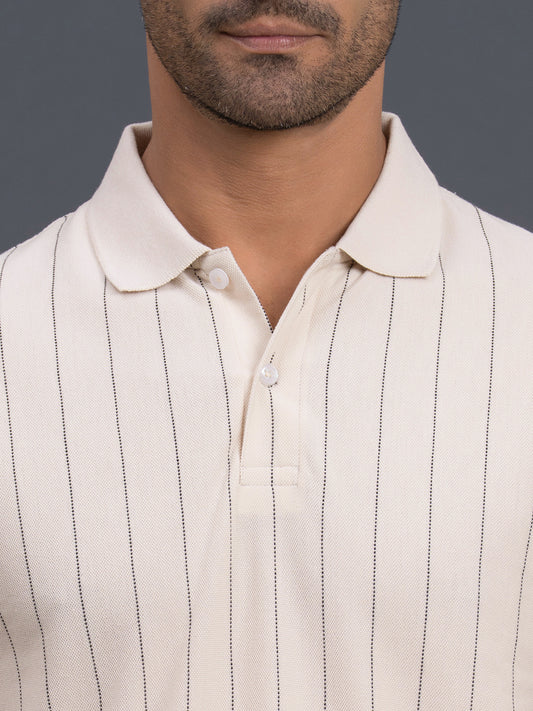 Men's Beige Regular Fit Striped Half Sleeve Casual T-Shirt