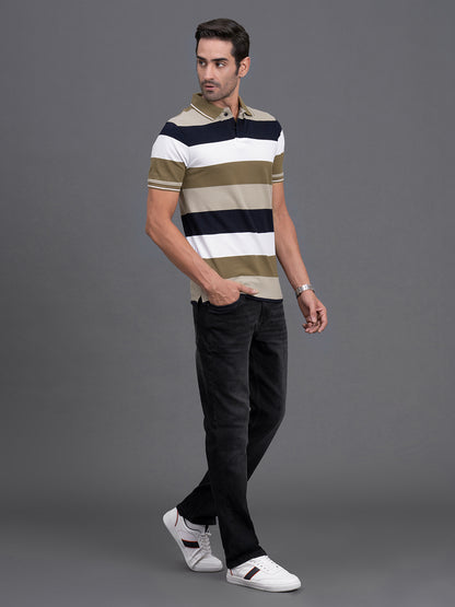 Men's Brown Regular Fit Striped Half Sleeve Casual T-Shirt