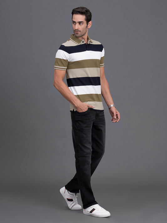 Men's Brown Regular Fit Striped Half Sleeve Casual T-Shirt