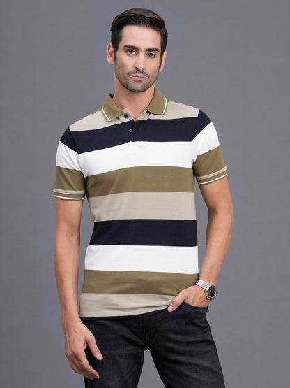 Men's Brown Regular Fit Striped Half Sleeve Casual T-Shirt