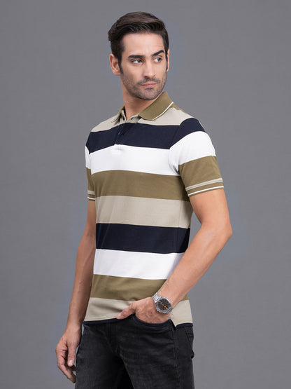 Men's Brown Regular Fit Striped Half Sleeve Casual T-Shirt