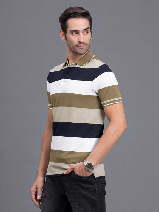 Men's Brown Regular Fit Striped Half Sleeve Casual T-Shirt