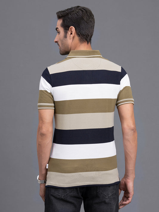 Men's Brown Regular Fit Striped Half Sleeve Casual T-Shirt