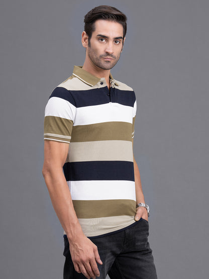 Men's Brown Regular Fit Striped Half Sleeve Casual T-Shirt