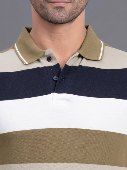 Men's Brown Regular Fit Striped Half Sleeve Casual T-Shirt