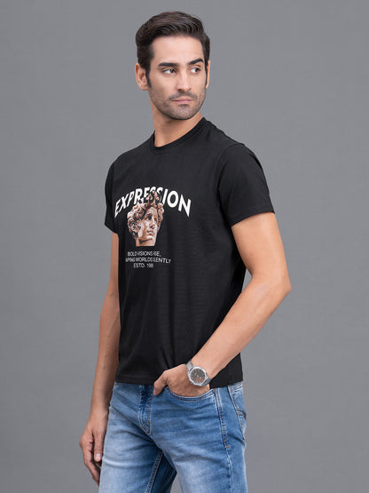 Men's Black Regular Fit Printed Half Sleeve Casual T-Shirt