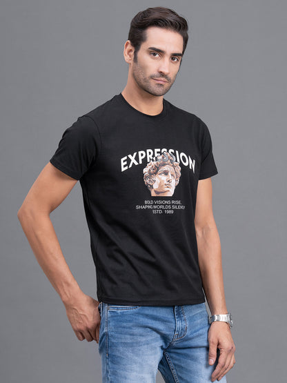 Men's Black Regular Fit Printed Half Sleeve Casual T-Shirt