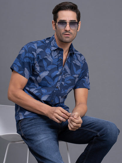 Men's Blue Slim Fit Printed Half Sleeve Casual Shirt