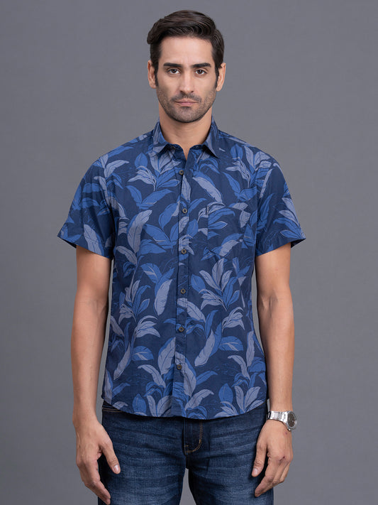 Men's Blue Slim Fit Printed Half Sleeve Casual Shirt