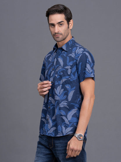 Men's Blue Slim Fit Printed Half Sleeve Casual Shirt