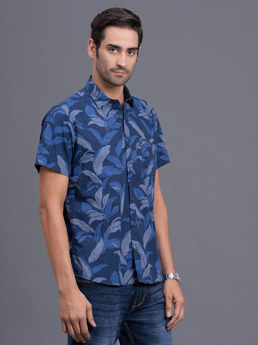Men's Blue Slim Fit Printed Half Sleeve Casual Shirt