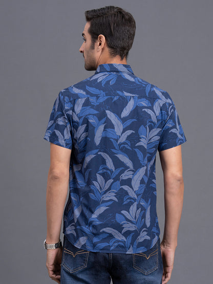 Men's Blue Slim Fit Printed Half Sleeve Casual Shirt