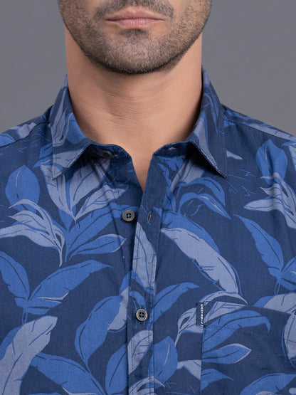Men's Blue Slim Fit Printed Half Sleeve Casual Shirt