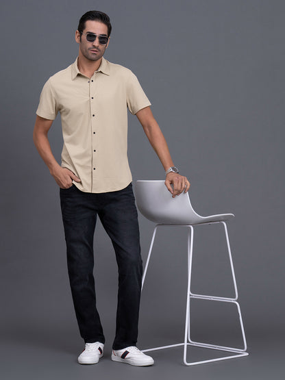 Men's Beige Slim Fit Checkered Half Sleeve Casual Shirt