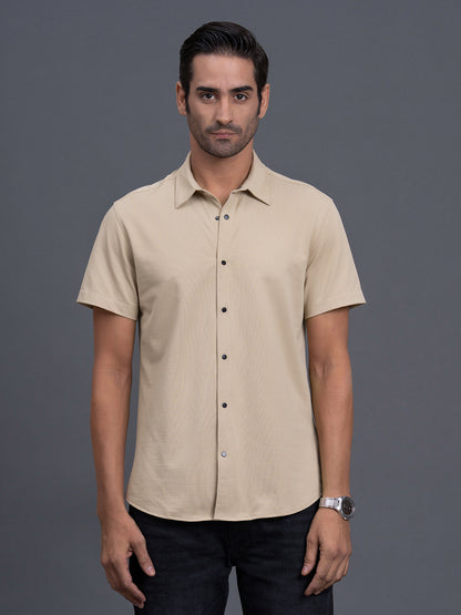 Men's Beige Slim Fit Checkered Half Sleeve Casual Shirt