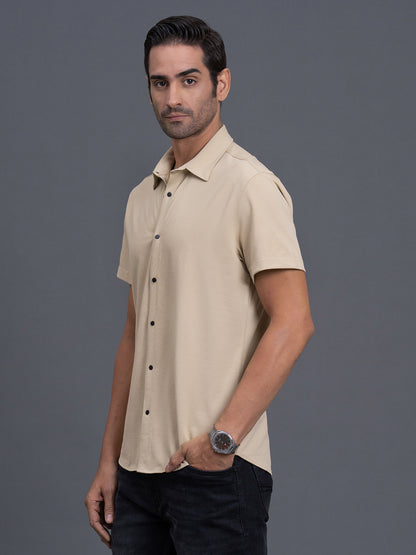 Men's Beige Slim Fit Checkered Half Sleeve Casual Shirt
