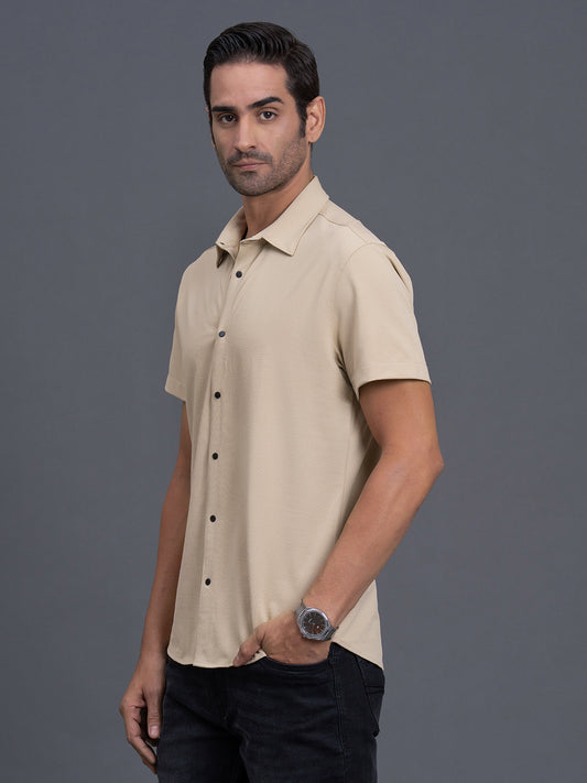 Men's Beige Slim Fit Checkered Half Sleeve Casual Shirt