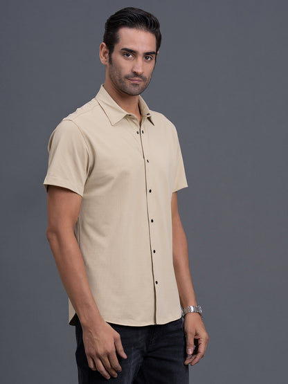 Men's Beige Slim Fit Checkered Half Sleeve Casual Shirt