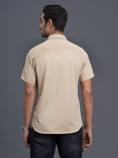Men's Beige Slim Fit Checkered Half Sleeve Casual Shirt