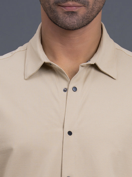 Men's Beige Slim Fit Checkered Half Sleeve Casual Shirt