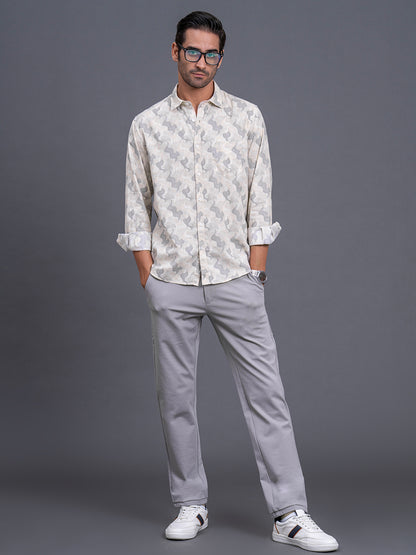 Men's Cream Printed Slim Fit Full Sleeve Casual Shirt