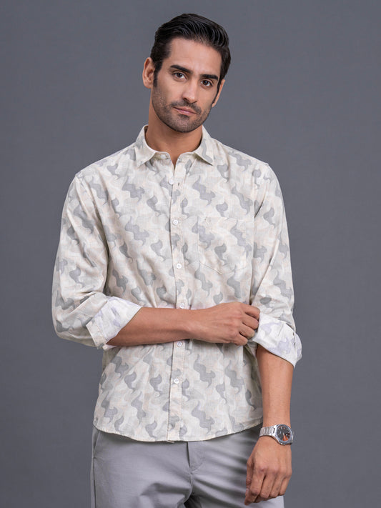 Men's Cream Printed Slim Fit Full Sleeve Casual Shirt
