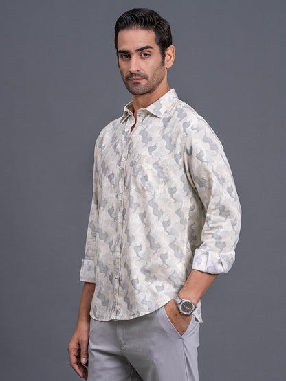 Men's Cream Printed Slim Fit Full Sleeve Casual Shirt