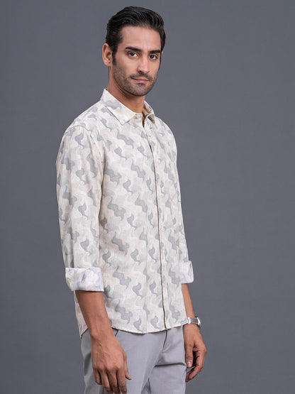 Men's Cream Printed Slim Fit Full Sleeve Casual Shirt