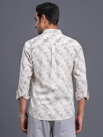 Men's Cream Printed Slim Fit Full Sleeve Casual Shirt