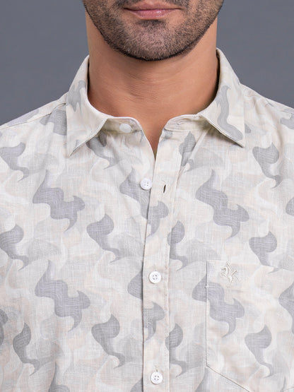 Men's Cream Printed Slim Fit Full Sleeve Casual Shirt