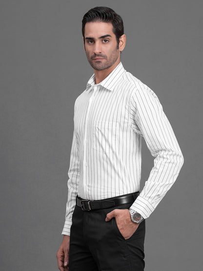 Men's White Striped Regular Fit Full Sleeve Casual Shirt