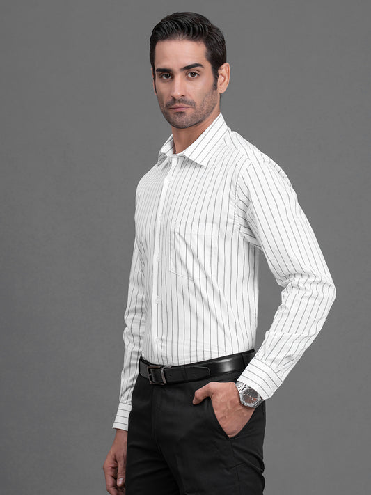 Men's White Striped Regular Fit Full Sleeve Casual Shirt