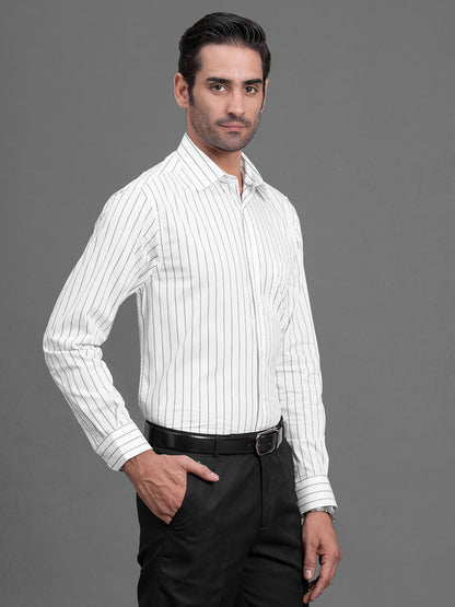 Men's White Striped Regular Fit Full Sleeve Casual Shirt