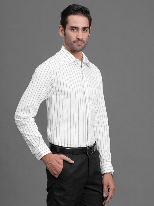 Men's White Striped Regular Fit Full Sleeve Casual Shirt