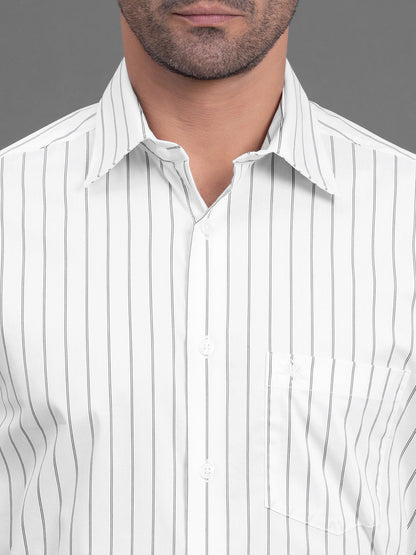 Men's White Striped Regular Fit Full Sleeve Casual Shirt