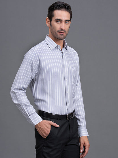 Men's Grey Striped Regular Fit Full Sleeve Casual Shirt