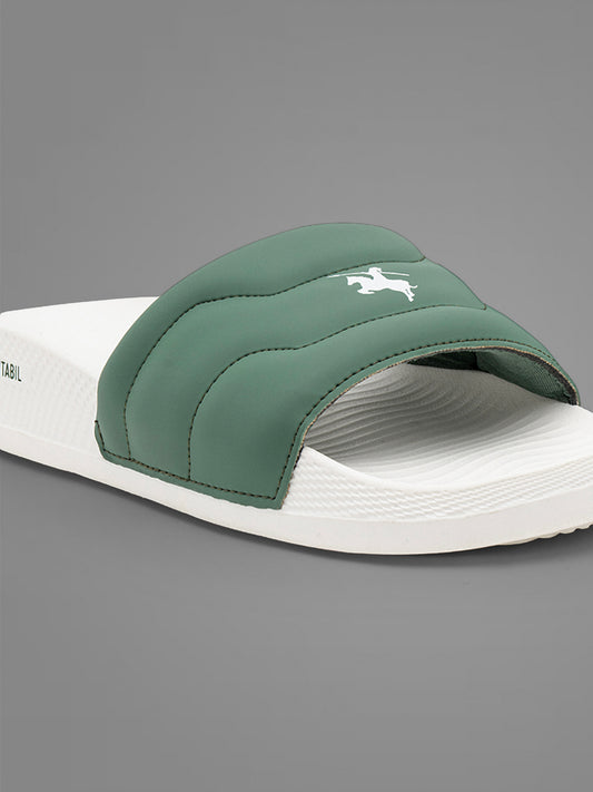 Men's White & Green Casual Colourblock Slider