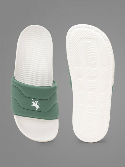 Men's White & Green Casual Colourblock Slider